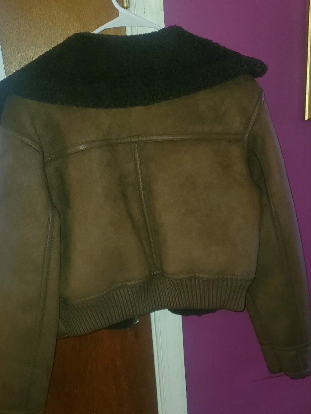 ZARA Dark Brown Shearling-Trim Bomber Jacket - Picture 6 of 9